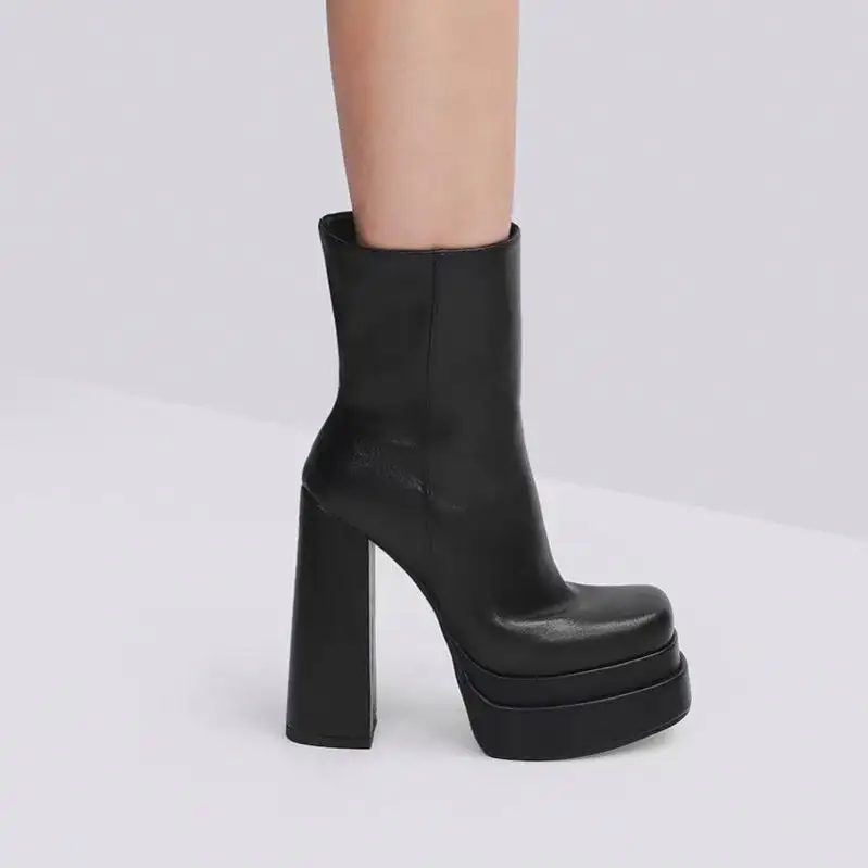 New Style Customized Sexy Mature Round Toe Black Wedge Rivet Big Size Platform Lace Up Thick Heel Fashion Women Boots