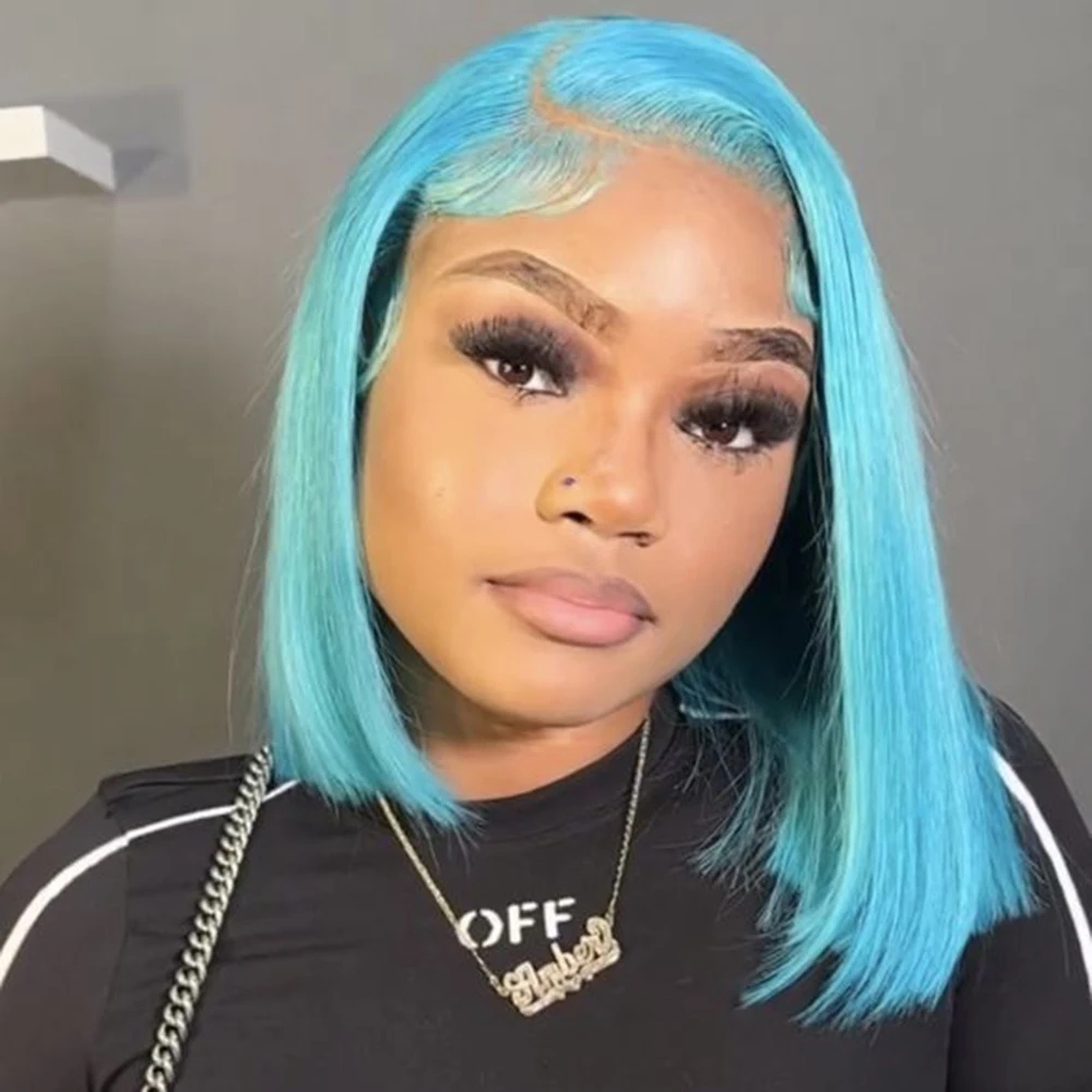 Light Blue Short Bob Lace Wigs Transparent 5X5 Lace Closure Human Hair Wigs Middle Part Brazilian Hair Wig 150% 8-14"