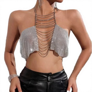 เสื้อครอปปาร์ตี้ตาข่ายประดับเพชรพลอยและพู่ห้อยแบบถักนิตติ้งสุดเซ็กซี่ บราบิกินี่แบบสายรัดโลหะหลายชั้น เครื่องประดับร่างกายแบบโซ่ - Product Image 3