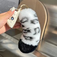 [Queue de Léopard des Neiges] Adorable Porte-clés de Voiture en Fourrure de Lapin Rex Fait Main, Pendentif en Peluche, Cadeau pour Couples, Breloque de Sac à Imprimé Léopard des Neiges