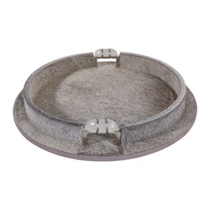 Vassoio decorativo rotondo in similpelle grigia con motivo a pelle di mucca e manici per decorare il tavolino da caffè - Product Image 6