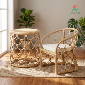 Conjunto de mesa y silla de ratán para niños Nhat Minh, estilo tropical redondo, muebles ecológicos para exteriores, diseño de respaldo sólido - Product Image 4