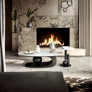Set di Tavolini da Caffè Moderni e Lussuosi in Marmo Ovale Dorato, Design Elegante, Arredamento Centrale per Soggiorno - Product Image 2