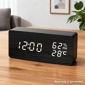 Réveil en bois créatif nordique multifonction avec hygromètre, <span class=keywords><strong>calendrier</strong></span>, silencieux, lumineux et à commande vocale pour étudiants - Vente en gros - Product Image 2