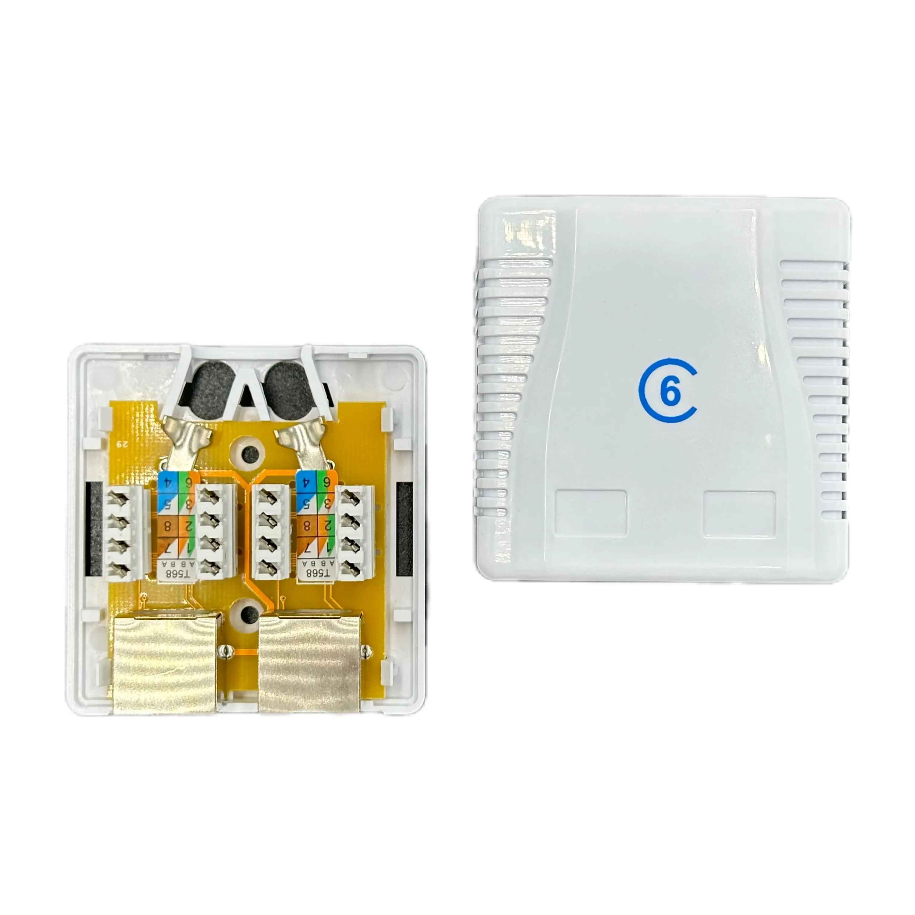 Kualitas tinggi InstallerParts STP tipe terlindung Ethernet RJ45 modular 2Port Keystone Jack CAT5e/CAT6 8P8C kotak pasang permukaan putih