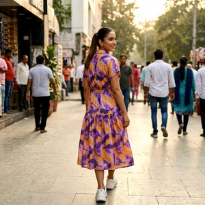 Robe midi à col polo à imprimé floral avec ourlet plissé, tenue décontractée d'été pour femmes, tissu tissé en viscose et polyester, manches courtes - Product Image 1