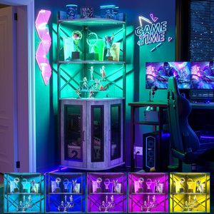 Custom Wine Cabinet <strong>Corner</strong> <strong>Bar</strong> Cabinet With Glass Door &amp;LED Lights 6-Tiers Liquor Cabinet <strong>Bar</strong> With Glass Wine Holder - Product Image 6