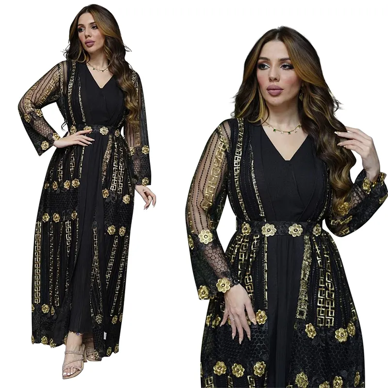 CY500140 Abaya 2 टुकड़ा सेट कढ़ाई कार्डिगन और भीतरी पोशाक मुस्लिम मिलान सेट गोल्डन फूल आरामदायक कपड़े