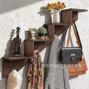 Wooden Wall Mounted Tiered <b>Shelf</b> 4 Layers With <b>Hooks</b> For Storage And Hanging - Product Image 1