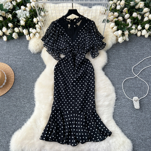<span class=keywords><strong>Robe</strong></span> d'été sirène romaine pour femmes manches <span class=keywords><strong>évasée</strong></span>s Empire Polka Dot Hollow Out Lace Dress Black - Product Image 4