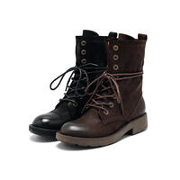 Bottes montantes vintage pour femme, style workwear, à lacets et brides, talon haut, semelle extérieure en caoutchouc, respirantes pour l'hiver