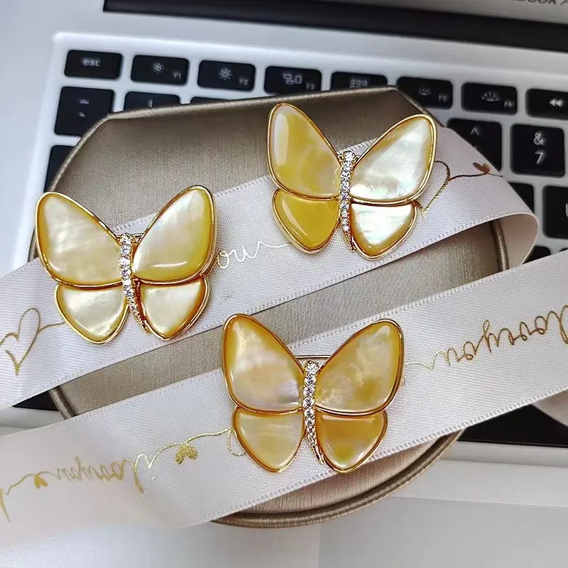 Luxury jewelry women butterfly brooch natural golden shell mother of pearl elegant brooch for cloth decoration
