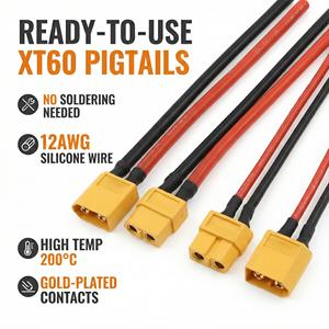XT60 コネクタケーブルハーネス 12AWG シリコンワイヤー金メッキ高電流オスメスピグテール RC ドローン LiPo バッテリー用。 - Product Image 1