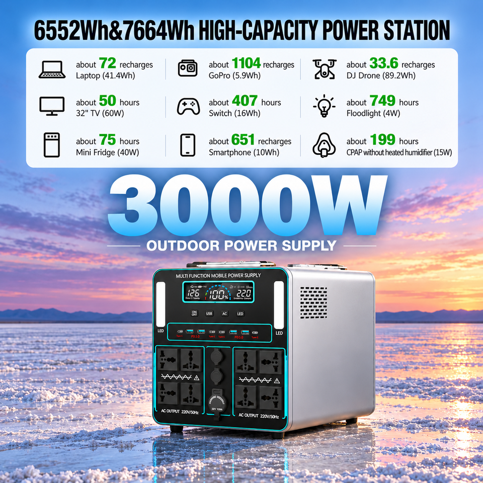 Led Grey Color LED Light Solar Panel Compatibility 3000 Watt Portable Power Station ...