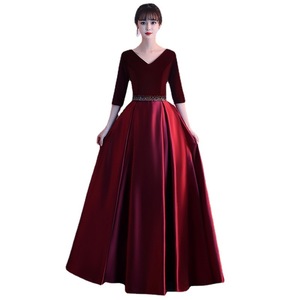 Women's Long Dress Burgundy V Neck Satin Evening Gown Stage Performance Costume For Hostess Choir Group - Product Image 4