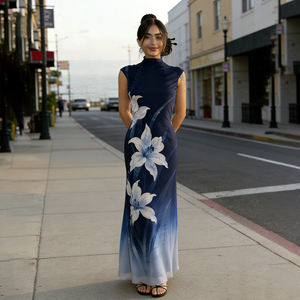 Elegante Vestido Maxi de Malla Elástica para Mujer, Estampado Floral con Bloques de Color Ombre, Casual, Cuello Alto, Sin Mangas, Transparente, en Capas, Natural - Product Image 2