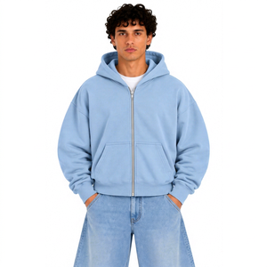 Sudadera con Capucha AURA para Hombre, Talla Grande, Color Azul Claro, con Cierre, Informal, de Felpa, Color Sólido, con Bolsillo, Corte Regular, 100% Algodón - Product Image 1