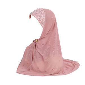 Pañuelo árabe de cuentas de uñas de malla de doble capa, sombrero de moda de estilo étnico hecho de poliéster, bufanda Sarima musulmana para niña, hiyab - Product Image 6