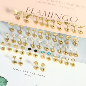 Lot <span class=keywords><strong>de</strong></span> 18 paires <span class=keywords><strong>de</strong></span> boucles d'oreilles plates pour <span class=keywords><strong>piercing</strong></span> <span class=keywords><strong>de</strong></span> cartilage, en acier hypoallergénique, motifs étoile, lune, fleur, cœur R.GEM. Bijoux - Product Image 3