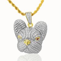 Pendentif tête de chien en cristal design pour homme avec zircon pavé bouledogue français Moissanite pendentifs avec chaîne de collier