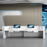 Bureau d'accueil futuriste de luxe avec bande LED bleue, finition brillante anti-taches, certifié CE, taille et couleur personnalisables, pour hôtel, bureau, OEM