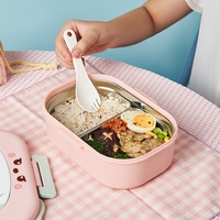 Boîte à lunch en acier inoxydable 304 à double compartiment avec couvercle, motif dessin animé mignon, grande capacité, pour enfants, avec cuillère