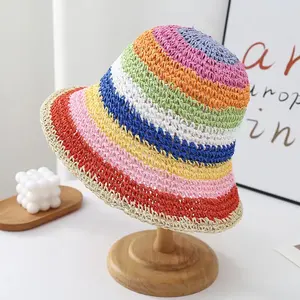 Venta al por mayor de protector solar plegable tejido sombrero de paja sombrero de cubo de verano ala grande visera sombrero de playa para las mujeres