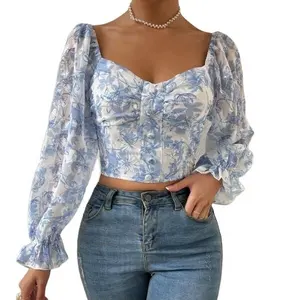 Camiseta sin mangas para mujer, trajes sexys con estampado Floral, cuello de corazón, manga fruncida, blusa de gasa, Tops para mujer