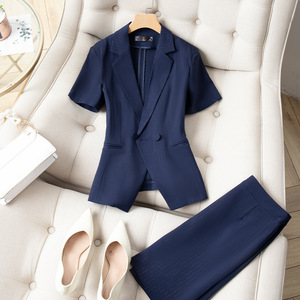 Women's Blue Short Sleeve Suit Set Breathable Worsted Office Lady Business Commute Workwear - Product Image 3