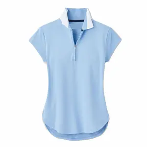 Özel atletik Patchwork yaka kadın Polo gömlekler açık mavi Fly kol Golf Polo fermuar Placket ile