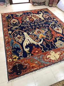 พรมขนสัตว์เปอร์เซียบิจาร์ถักมือ ลายดอกไม้ สีน้ำเงินเข้ม แดง ส้ม พร้อมแผ่นรองพื้นขนสัตว์ - Product Image 2