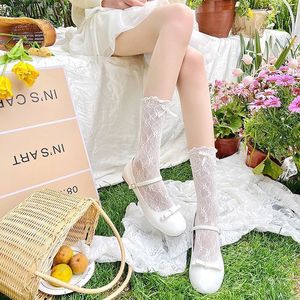 Lace Socks Women Mid Calf Thin Openwork Transparent Bow Pattern Mary Jane Style Socks For Youth 18-40 Years Old - Product Image 2