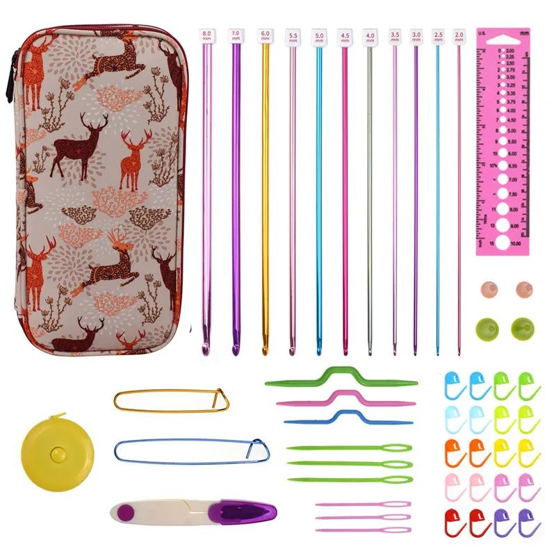 New Aluminum Tunisian Crochet Hooks Set Mix 2mm to 8mm Afghan Hook Scissors Needles Sewing Accessories Set With Storage Bag