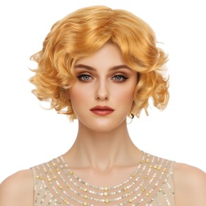 Peluca Retro estilo <span class=keywords><strong>Marilyn</strong></span> <span class=keywords><strong>Monroe</strong></span>, rubia dorada esponjosa, rizos cortos, hecha a máquina, pelo sintético resistente al calor, completa - Product Image 5
