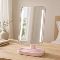 Miroir de maquillage LED rose de bureau avec plateau de rangement, carré, simple face, 3 couleurs de lumière réglables, cadre en plastique, organisateur personnalisé 1x