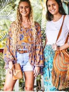 Boho Floral Print 100% Cotton Loose <b>Top</b> Off-the-Shoulder Neck <b>Bubble</b> Sleeves Straight Hem Tassel Detail Summer Holiday - Product Image 4