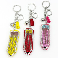 Mode Kristal Strass Potlood Versierde Sleutelhanger Potlood Kwastje 3D Verbluffende diamant Ingelegde Sleutelhangers Lerarendag Cadeau