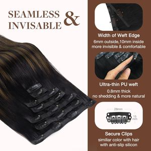 Extensiones de Cabello <span class=keywords><strong>con</strong></span> Clip, Extensiones de Cabello Remy <span class=keywords><strong>con</strong></span> Clip Sin Costuras, Trama de Piel PU, <span class=keywords><strong>Balayage</strong></span> Negro Natural a <span class=keywords><strong>Castaño</strong></span>, Gruesas e Invisibles - Product Image 4