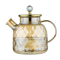 Théière en verre ambré avec couvercle doré, infuseur à thé en borosilicate à motif diamant, résistante à la chaleur, vaisselle à thé de luxe