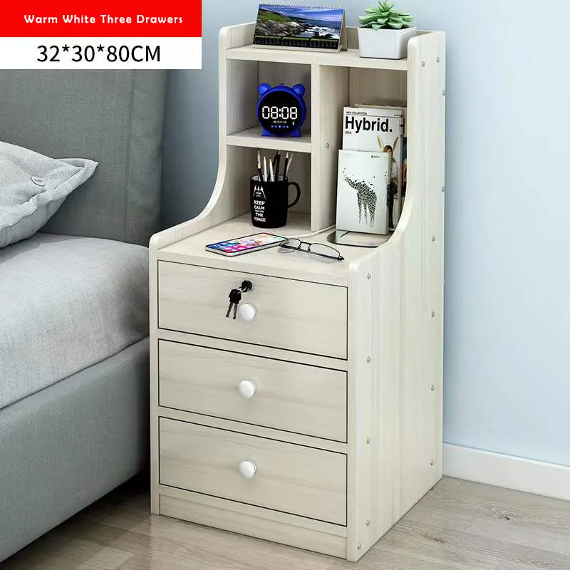 Mesita de noche con cajón, mueble de mesita de noche, organizador pequeño de pie, color blanco cálido