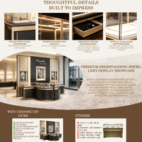 Comptoir de présentation de bijoux circulaire haut de gamme sur mesure en marbre foncé, métal doré, verre trempé, éclairage LED - Vitrine de luxe durable