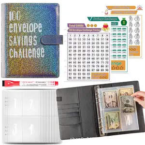 2024 Aanpasbare Full-Ster Kleurbesparende Boek A5 Pu Lederen Glitter Omslag 100 Dagen Besparen Challenge Single Budget Binder