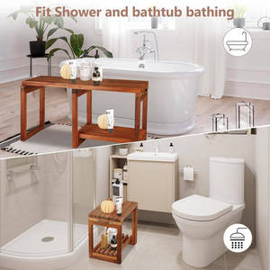 Tabouret de douche rectangulaire en bois d'acacia, antidérapant, imperméable, avec étagère de rangement pour salle de bain - Product Image 2