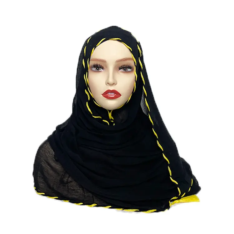 Designer ethnic colorful threaded knitting viscose black scarf tassels hijab voile jersey premium shawls for women high quality