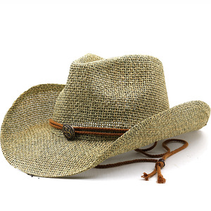 Cappello da cowboy occidentale in paglia di carta per uomo, a tesa larga, con protezione solare, cinturino sottogola e decorazione retrò con cordino, ideale per viaggi in spiaggia e attività all'aperto. - Product Image 1