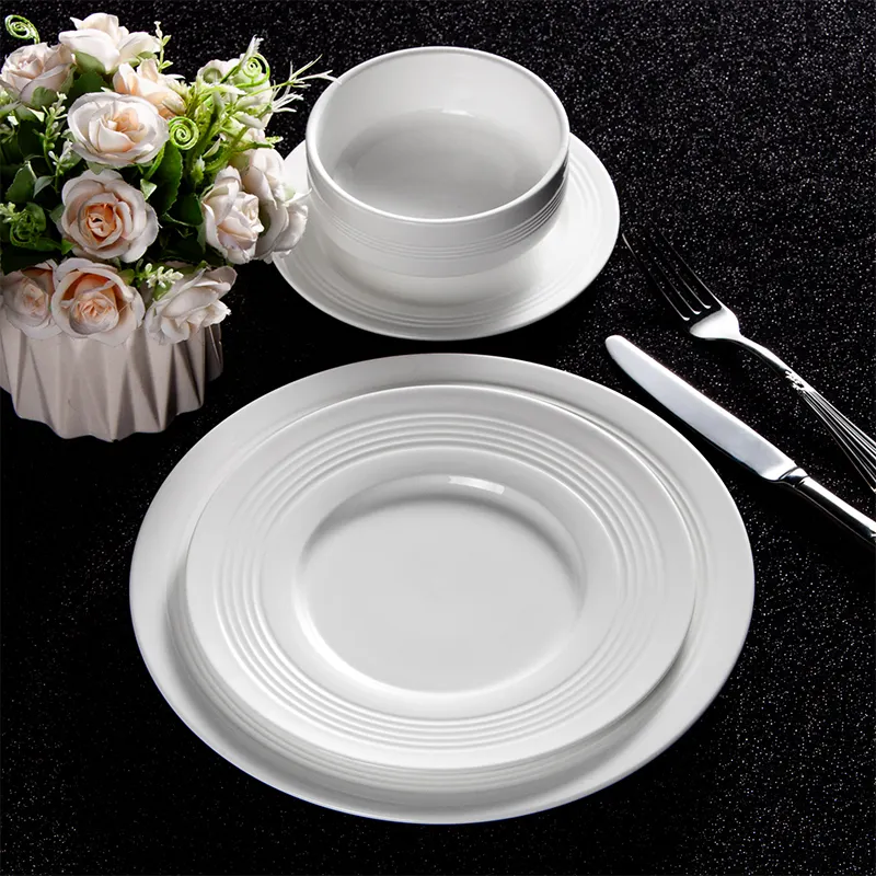 Juego de platos de cerámica de línea en relieve blanco puro, tazón de sopa, plato de cena plano, vajilla de porcelana, platos de catering para restaurante de Hotel
