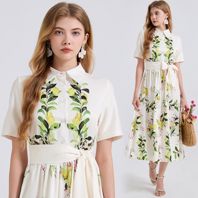 Summer Leaf Fruit Printed Shirt Dress Women Lapel Single Breasted Lace up Belt High Waist Holiday a Line Clothes