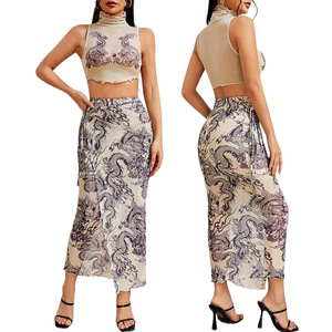 New Female Sleeveless Stand Collar Ankle-Length Digital Printed Navel <b>Sexy</b> Mesh Stitching Two-piece <b>Set</b> - Product Image 5