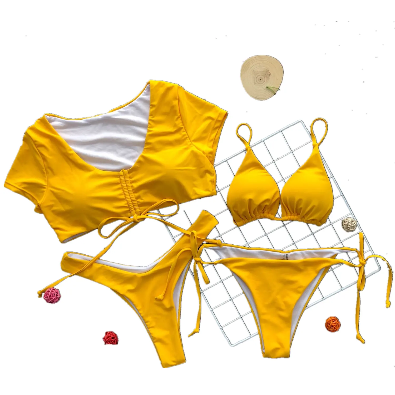 4 pièces pour la plage, maillot de bain deux pièces, imprimé couleur unie, manches courtes, Bandage, Sexy, pour les femmes,