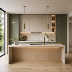 Armoires de <span class=keywords><strong>cuisine</strong></span> modernes sur mesure <span class=keywords><strong>vert</strong></span> <span class=keywords><strong>olive</strong></span> avec grand îlot, étagères à éclairage LED et appareils électroménagers intégrés pour maisons de luxe - Product Image 3